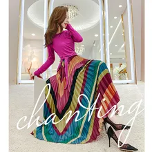 Подиумный стиль, летняя юбка, костюм для женщин, футболки с бантами, топы и полосатые, цветная волна, винтажный принт, Ретро стиль, длинные юбки, костюмы, набор NS638