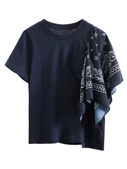 

[EWQ] 2020 Summer New Round Collar Short Sleeve Solid Patchwork Print Asymmetrical Streetwear T-shirt Women Large Size 3AK097