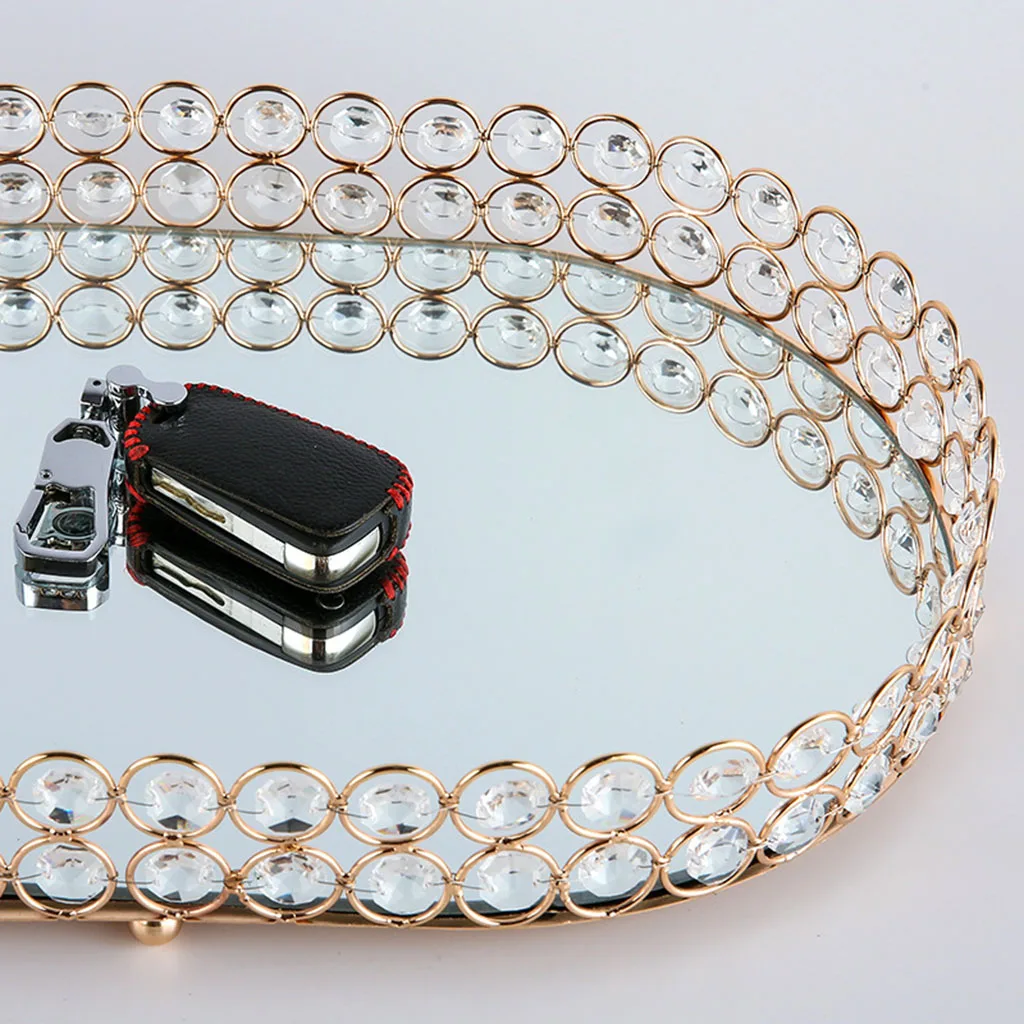 Crystal Oval Mirrored Tray Cosmetic Vanity Tray Jewelry Storage Decorative Tray
