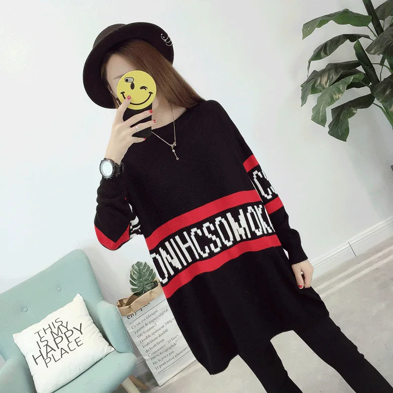 

2018 Autumn And Winter Loose And Plus-sized WOMEN'S Dress Base Sweater Mid-length Crew Neck Striped Letters Sweater Women's 200