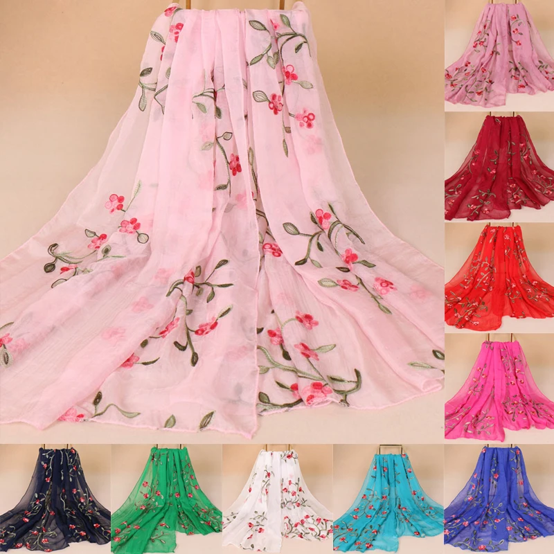 

75*180CM Ethnic Style Chiffon Flower Embroidered Hijab Scarf Women's Travel Photo Sunscreen Beach Shawl Art Scarfs