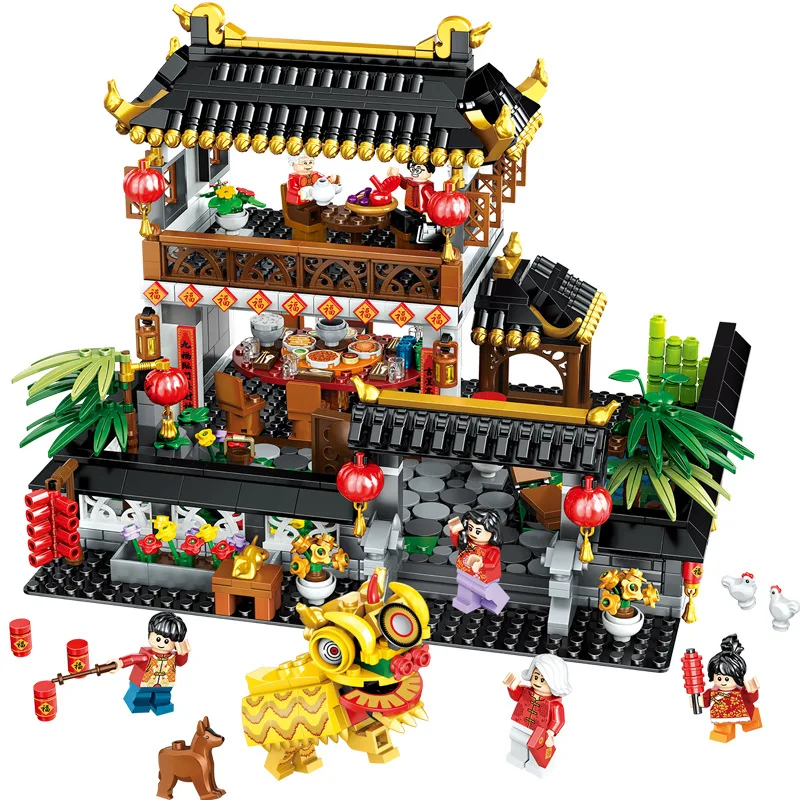 

City Creator Street View Series Chinese New Year's Eve Dinner Party Dragon and Lion Dance Building Blocks Bricks Toys Gifts