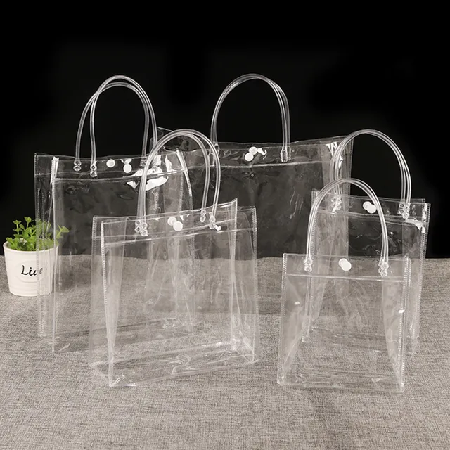 5pcs Transparent soft PVC gift tote packaging bags with hand loop, clear Plastic handbag, cosmetic bag 2