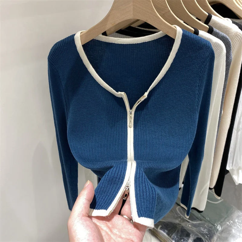

Women's Cardigan Knitted Sweater Long Sleeve Korean 2021 Fashion O Neck Solid Fashion Elegant Zipper Cardigan Knitted Tops