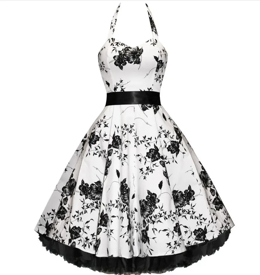 

50s Lady Floral Print Full Circle Pinup Vintage Style Swing Rockabilly Dress white women halter neck dress