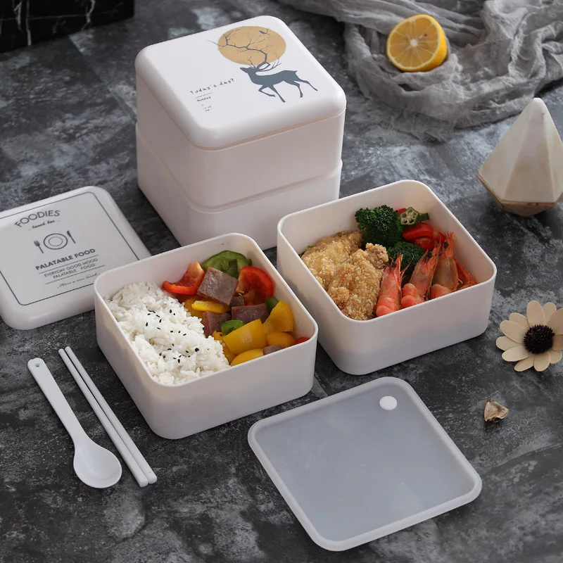 

2 Layer Square Lunch Box Microwavable Bento Box Portable Leakproof Food Container Food Box for Kid Adult
