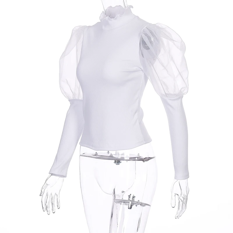 Dulzura women blouse shirts ruffles ribbed mesh elegant long puff sleeve turtleneck autumn winter party clothes office OL