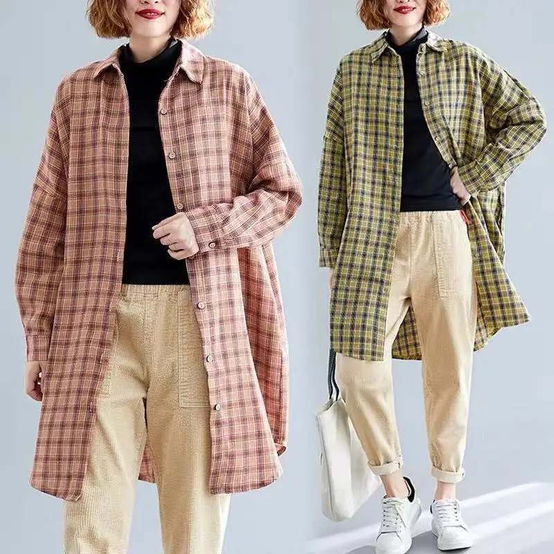 

2019 Autumn Clothing New Style Cotton Linen Large Size Literature And Art Plaid Long-sleeved Shirt Mid-length Loose-Fit Slimming