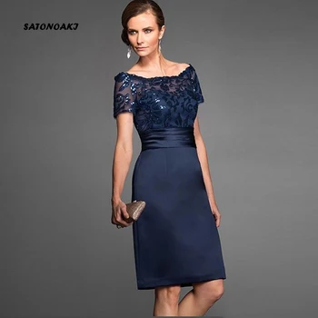 

SATONOAKI Elegant Navy Scoop Sheath Mother of the Bride Dresses Satin Short Sleeves Sequin Knee Length Wedding Gown Custom Made