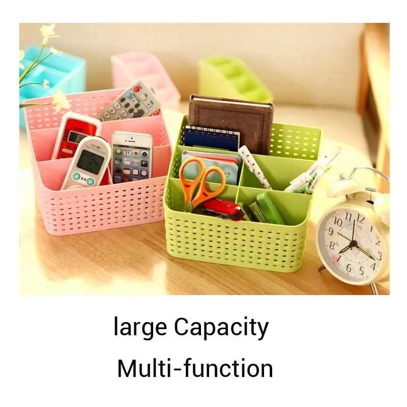 Plaited Organizer Makeup Storage Box Cosmetics Desk Holder Plastic Rattan for Home Office Phone Remoter Four Five Checks 3