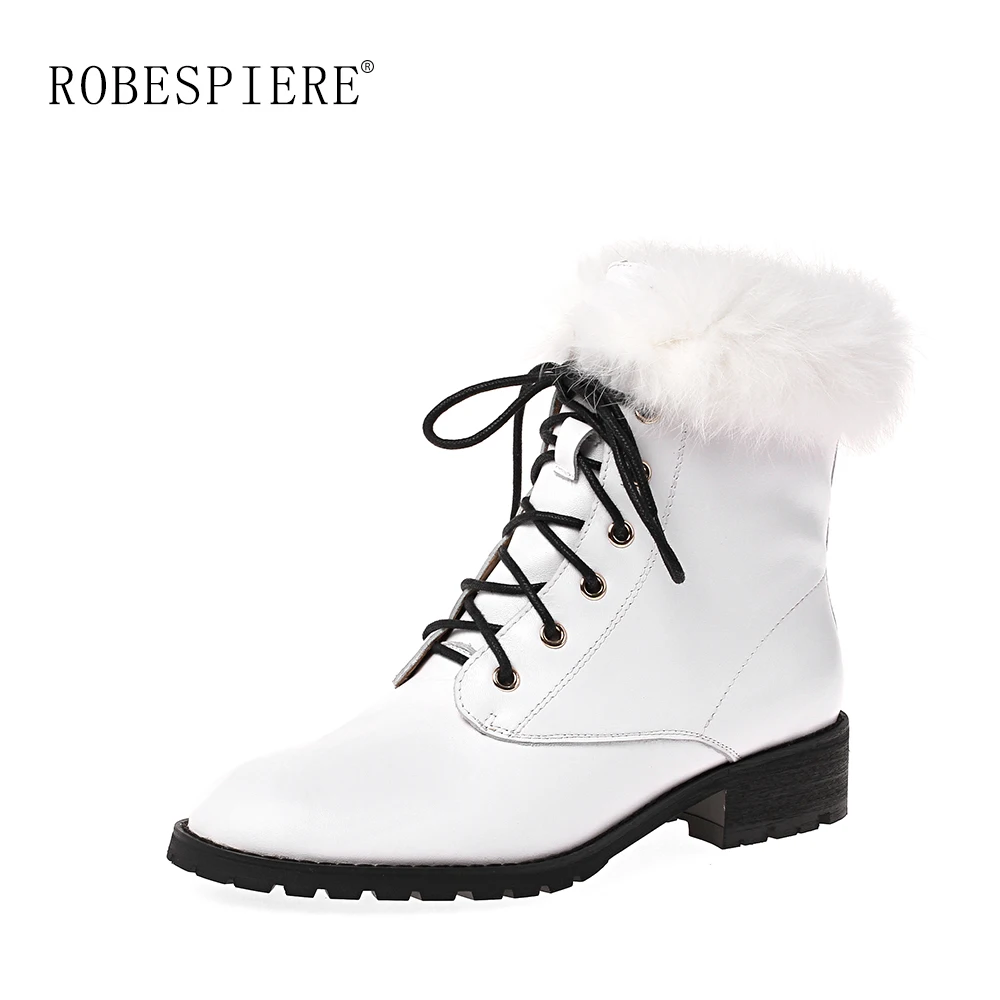

ROBESPIERE Genuine Leather Ankle Boots For Women Warm Plush Real Rabbit Fur Shoes Waterproof Lace Up Women Boots Large Size B75