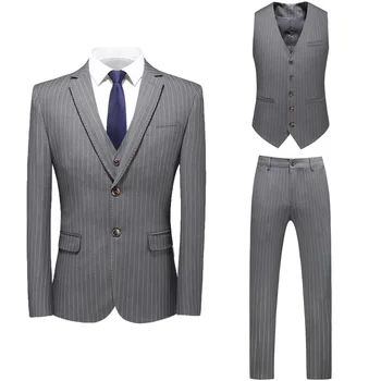 

3-piece Suit Men England Style Striped Suit Set Business Work Formal Clothing Gentleman Wedding Dress Slim Fit Suit Grey Black