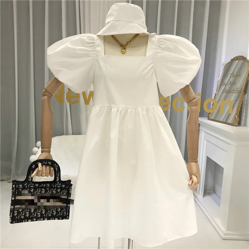 Neploe Dress Women French Square Collar Puff Sleeve Ladies Vestidos Summer 2020 Elegant Slim Waist Female Dresses with Hat 1D782