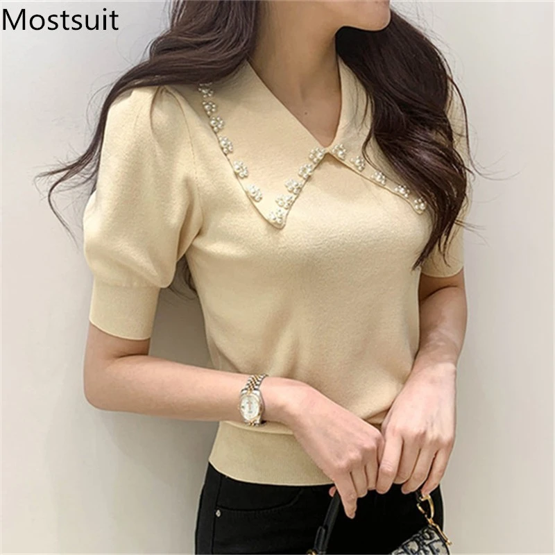 Pearl Beading Knitted T Shirt Tops Women Summer Short Sleeve Turn-down Collar Pullover Solid Slim Korean Fashion Female T-shirt best t shirts for men