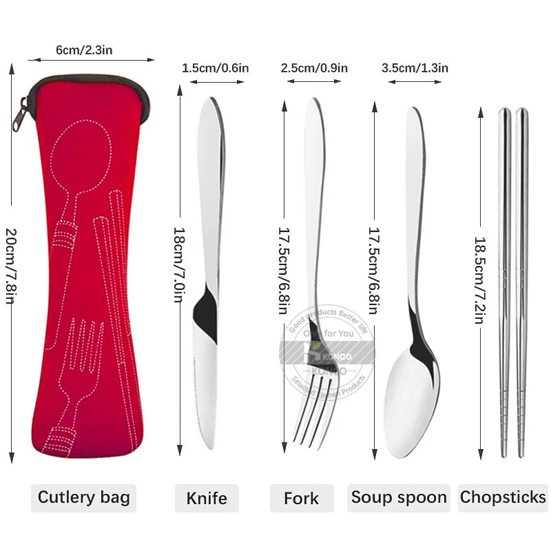 Stainless Steel Bento Box Cutlery set Portable Lunch Dinnerware Kit Knife Fork Spoon Chopsticks Travel Picnic Cutlery