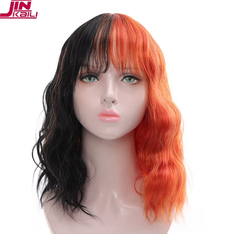 

Short Water Wave Orange Black Ombre Lolita Wigs for Women Synthetic Wigs with Bangs Pink Mixed Cute Cosplay False Hair