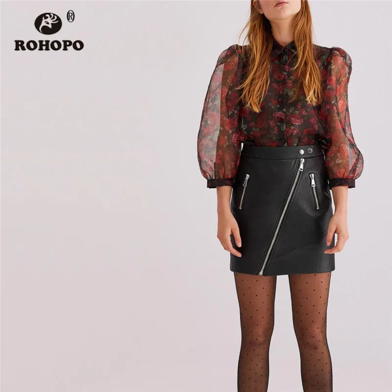 

ROHOPO Autumn Lantern Sleeve Red Rose Floral Blouse Turn Down Collar Buttons Fly Round Edge Tulle Semi Transparent Blusa #2342