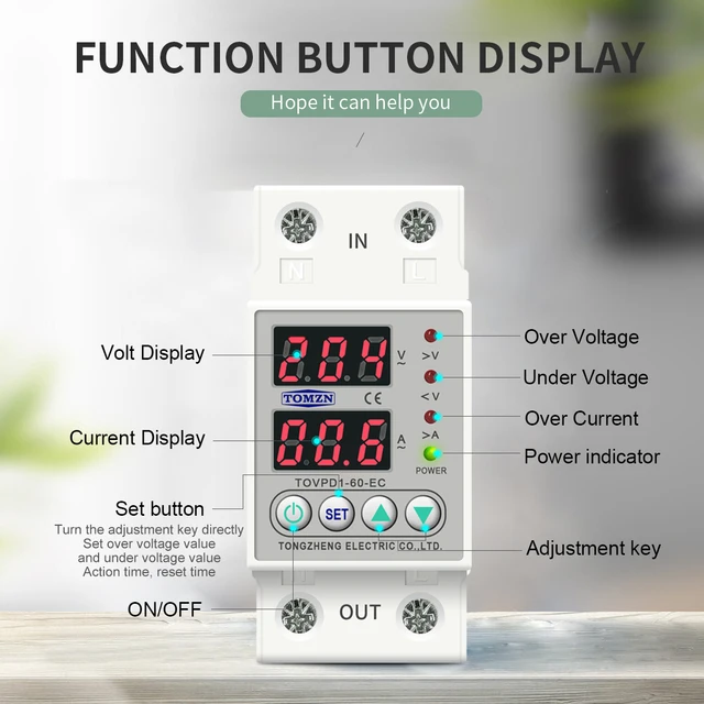 Din Rail Dual Display Adjustable Over Voltage Current and Under Voltage Protective Device Protector Relay 40A 63A 80A 220V 230V 6
