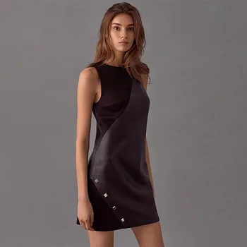 

Sleeveless Pu Leather Patchwork Party Dress Rivet Cool Girl Streetwear Fashion 2020 Slim Summer Vintage Sundress Vestidos