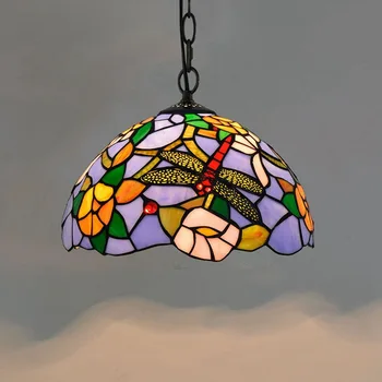 

European-Style Dragonfly Flower 30cm Glass Lamp American Pastoral Creative Tiffany Colorful Glass Art Restaurant Chandelier