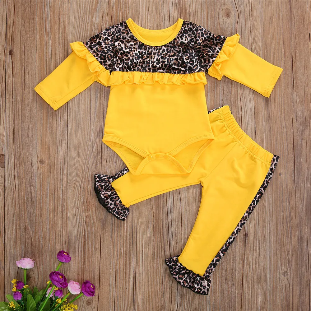 

2020 Autumn Baby Girlâ€™s Casual Clothes Personality Leopard Stitching Long Sleeve Romper And Elastic Long Pants Two Piece Yellow