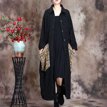 

2020 Autumn And Winter New Product Original Woolen Coat Big pocket Splicing Lattice Long Plus Size Cardigan