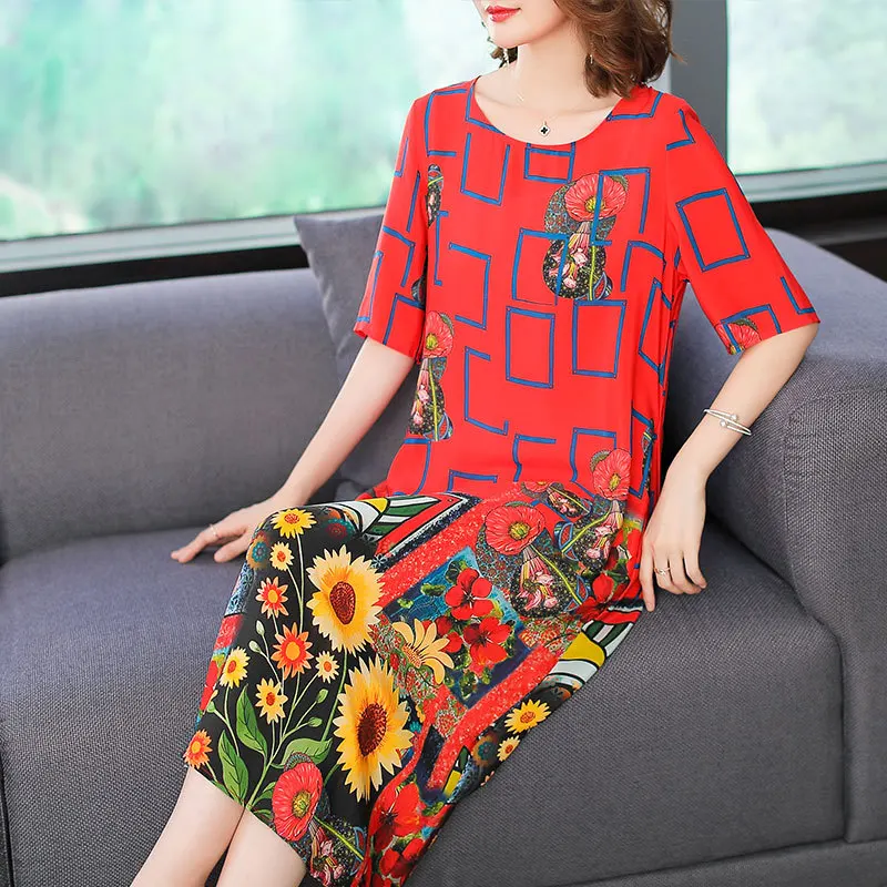 

Photo Shoot 2019 Fashion Printed Mulberry Silk Mid-length Dress Summer Crew Neck Short Sleeve Big Skirt