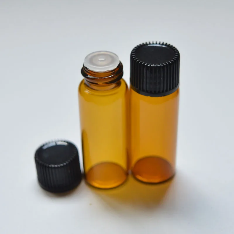 Мода 5 мм Янтарное стекло бутылки с уменьшенным горлышком и кепки Малый эфирные масла 50 шт