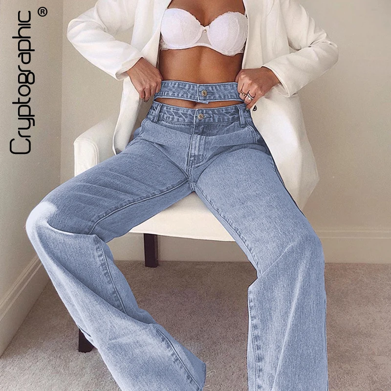 Cryptographic Fashion Sexy Cut Out High Waist Jeans Wide Leg Pants