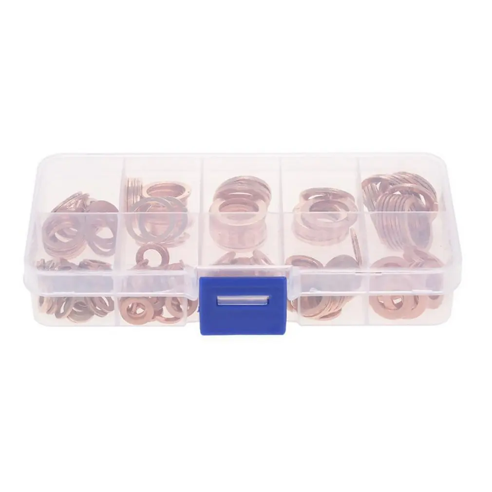 

200pcs M5-M14 Professional Assorted Copper Washer Gasket Set Flat Ring Seal Assortment Kit with Box For Hardware Accessories