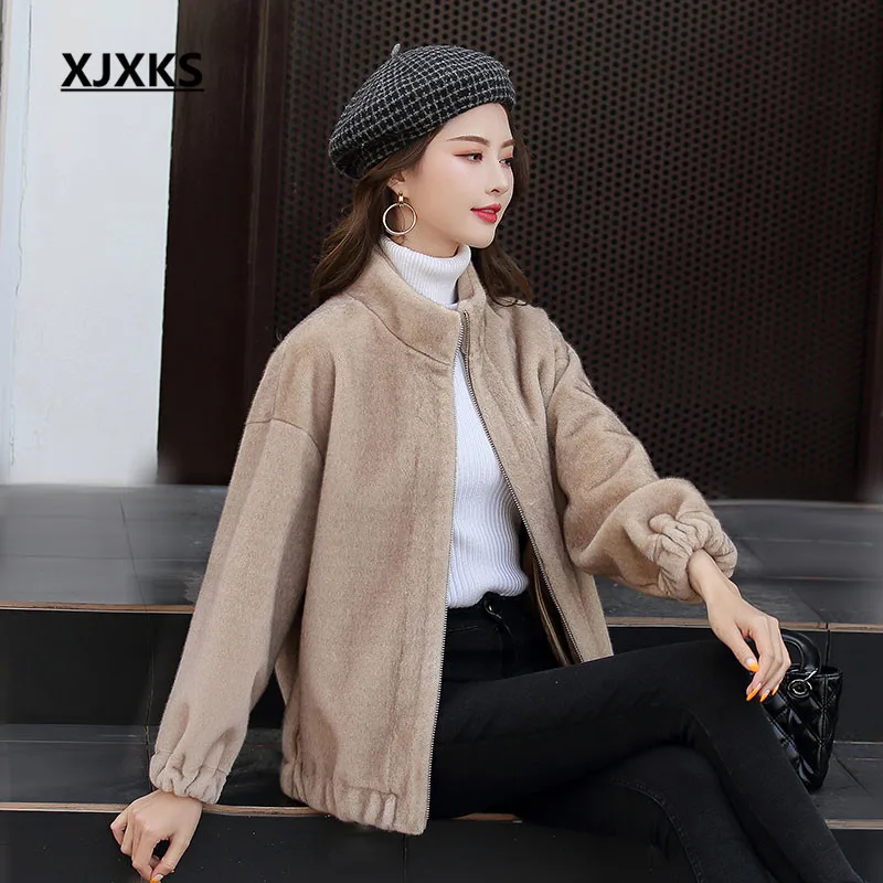 XJXKS Loose large size women woolen coat winter new thick warm comfortable cardigan women zipper jacket - Цвет: Хаки