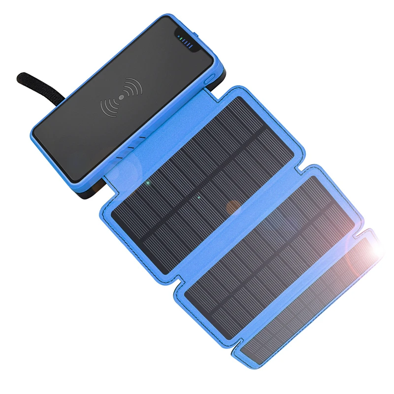 Синий 20000mAh складное солнечное зарядное устройство Qi Беспроводное зарядное устройство для iPhone samsung Xiaomi внешний аккумулятор водонепроницаемый повербанк с фонариком - Цвет: Синий