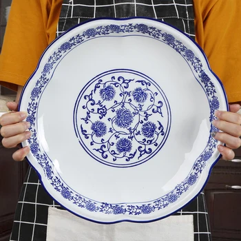 

For restaurants Hotel tableware 10-12 inch large serving plates Blue and white porcelain flower shaped Ceramic plate soup dish