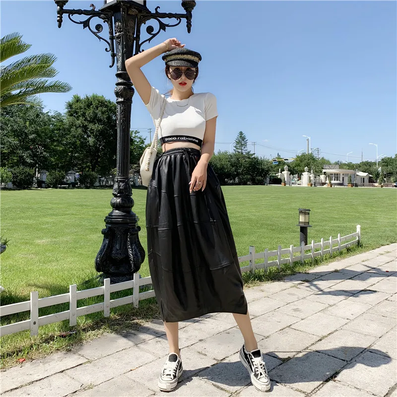 Юбки из натуральной кожи, черные, минималистичные, с высокой талией, из овчины, длинные, для женщин, на осень и зиму, повседневные, с эластичной талией, плюс юбка