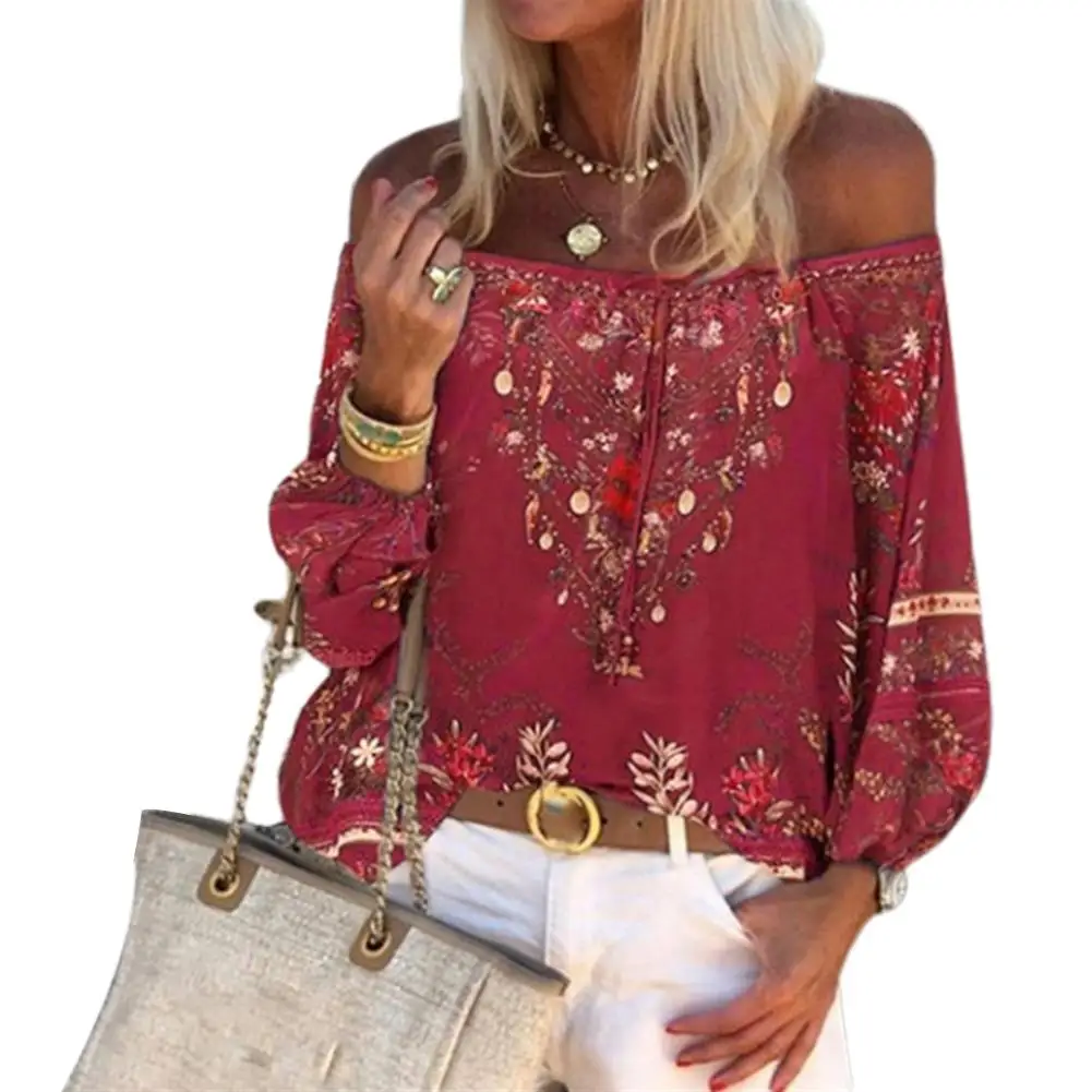 Boho style Women Blouses Vintage Lacing Stitching Off Shoulder Floral Print String Blouse Top Shirt for women female | Женская одежда