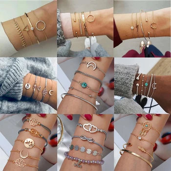 

Geometric Lotus Moon Bracelet Women Retro Multilayer Circle Bracelet Set Jewellery Accesorios Wholesale Pulseras Kpop