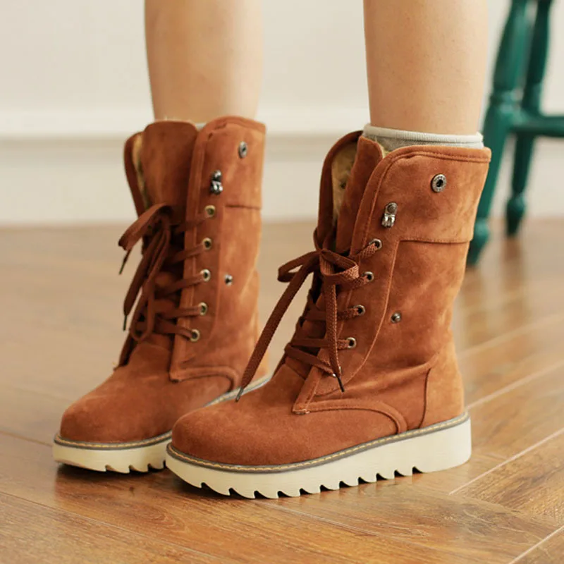 

Classics Keep Warm Ankle Boots Round Toe Short Plush Cross-Tied Snow Shoes Solid Large Size Winter High Heels Botas De Mujer