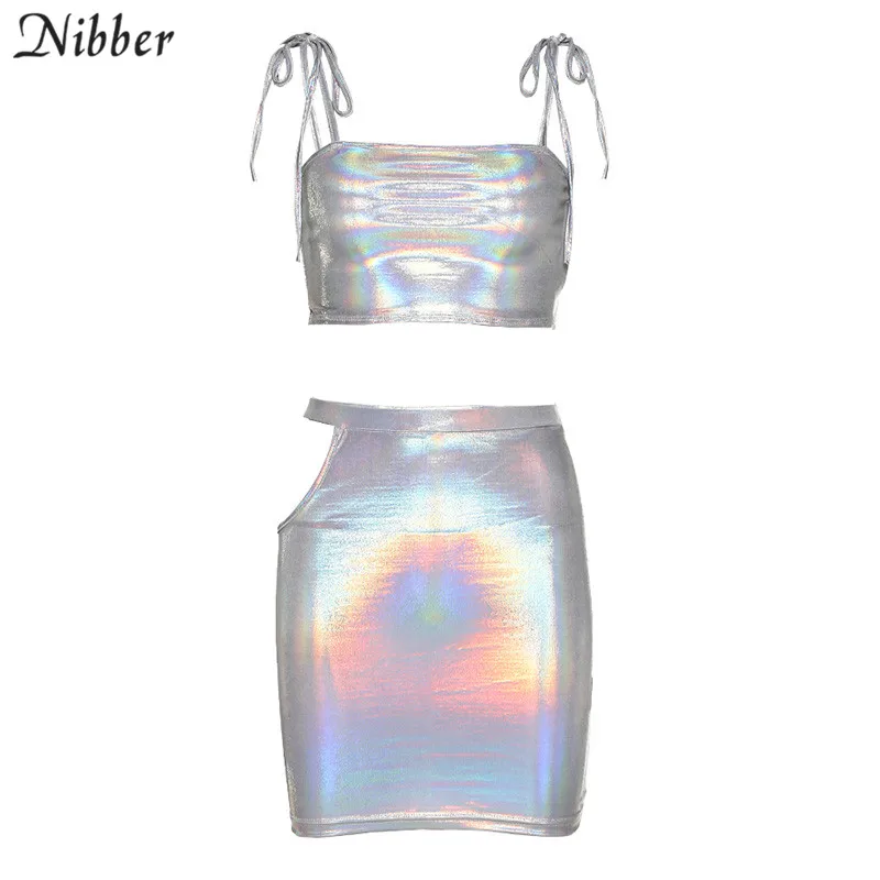 NIBBER комплект из двух предметов, однотонный, блестящий, для бара, клуба,, без рукавов, на шнуровке, на бретельках+ открытая юбка - Цвет: Серебристый