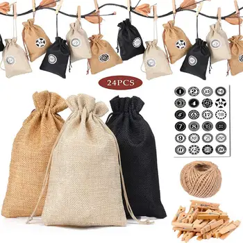 

3 Colors Christmas Burlap Drawstring Linen Bag Mini Storage Advent Calendars Jute Sack Wedding Gift Bags For Birthday Party DIY
