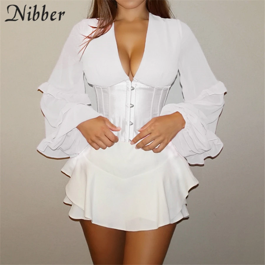 Nibber Corset Patchwork Lantern Sleeve Design T-Shirt For Women Tops 2021 Spring Autumn Elegant Bandage Halter Design Top Female Nibber Corset Patchwork Lantern Sleeve Design T-Shirt For Women Tops 2021 Spring Autumn Elegant Bandage Halter Design Top Female