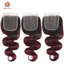 Applegirl – perruque Lace Closure brésilienne Remy naturelle, cheveux ondulés, bordeaux T1b/99J, 8 à 20 pouces, 4 par 4
