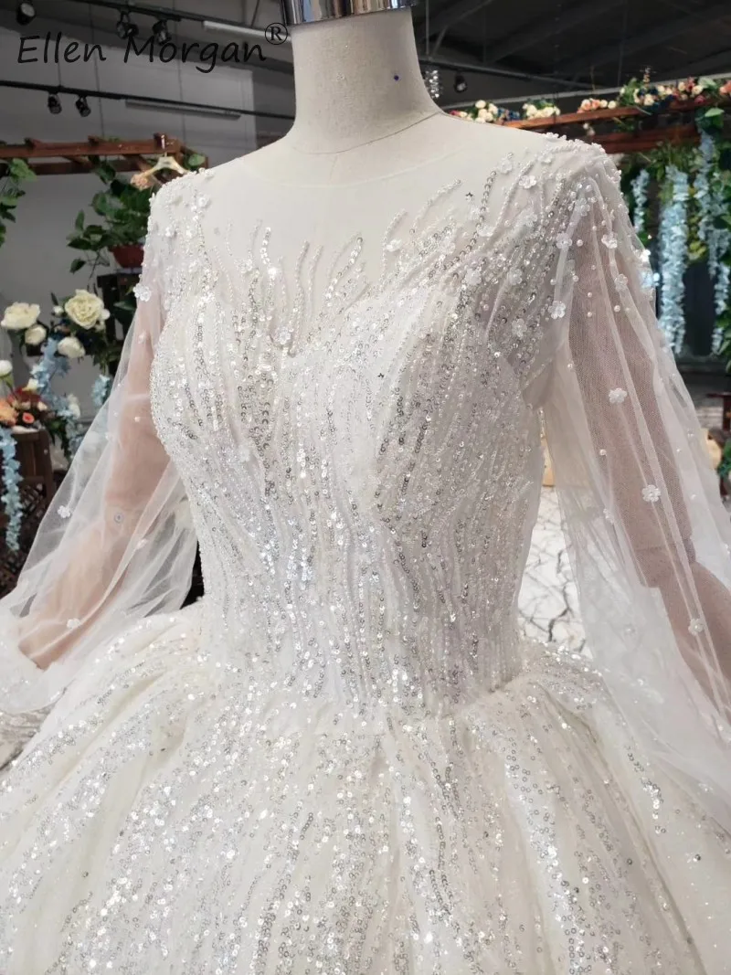 Vestidos De Novia одежда с длинным рукавом кружевные свадебные платья Элегантный с низким вырезом на спине вырез лодочкой с блестками с длинным шлейфом официальные свадебные платья, бальное платье