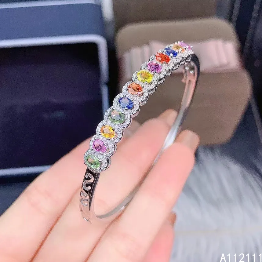 

Fine Jewelry 925 Sterling Silver Inlaid With Natural Gemstones Women's Luxury Fashion Color Sapphire Cuff Hand Bracelet Support