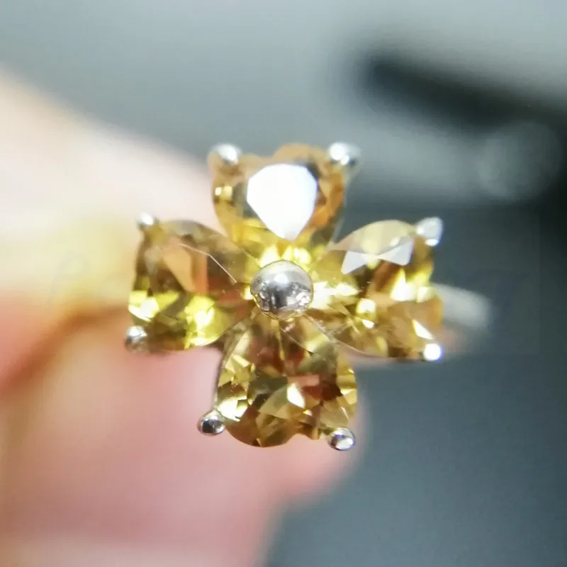 Натуральный настоящий цитрин кольцо 0.35ct* 4 шт драгоценный камень Любовь Сердце цветок стиль Серебро 925 пробы# C981809
