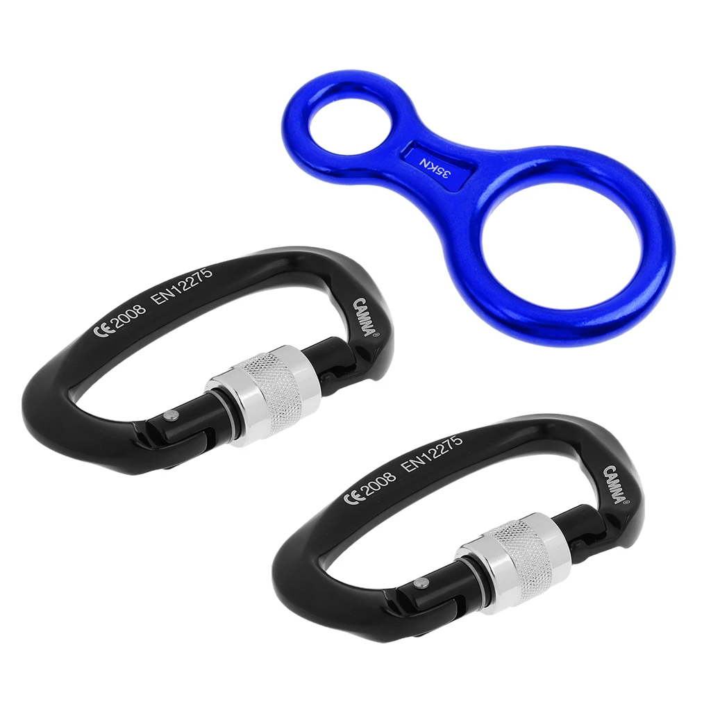 Climbing 35KN Figure 8 Descender + 2pcs 25KN D-ring Screw Locking Carabiners