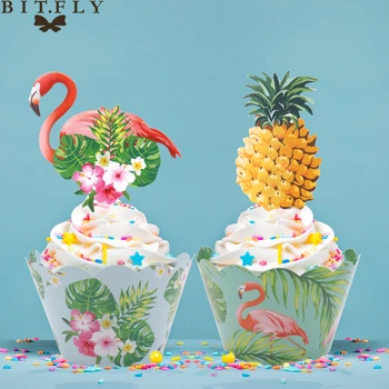 

24pcs /Set Hawaii party Flamingo cupcake wrapper Turtle leaf cupcake wrapper pineapple cake topper wedding birthday cake decor