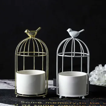 

1pcs Nordic Style Hydroponic Ceramic Flower Pot Bird Cage Home Hollow Wrought Iron Stand Artificial Flower Pot Table Decoration