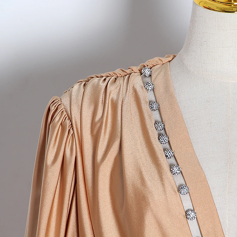 TWOTWINSTYLE, Сексуальное Лоскутное Платье с бриллиантами, женское платье с v-образным вырезом и рукавом-фонариком, высокая талия, с рюшами, Женская мода, новая одежда