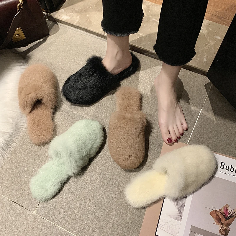 

Shoes Without Heel Flock Cover Toe Luxury Slides Women's Slippers 2019 Pokemon Plush String Bead Low Flat Designer New