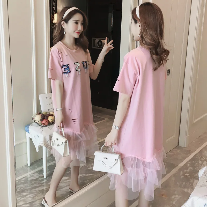 

Tops Summer Base Large Size Dress Sweet Loose Short Sleeve T-shirt Dress Mid-length over-the-Knee Gauze Joint